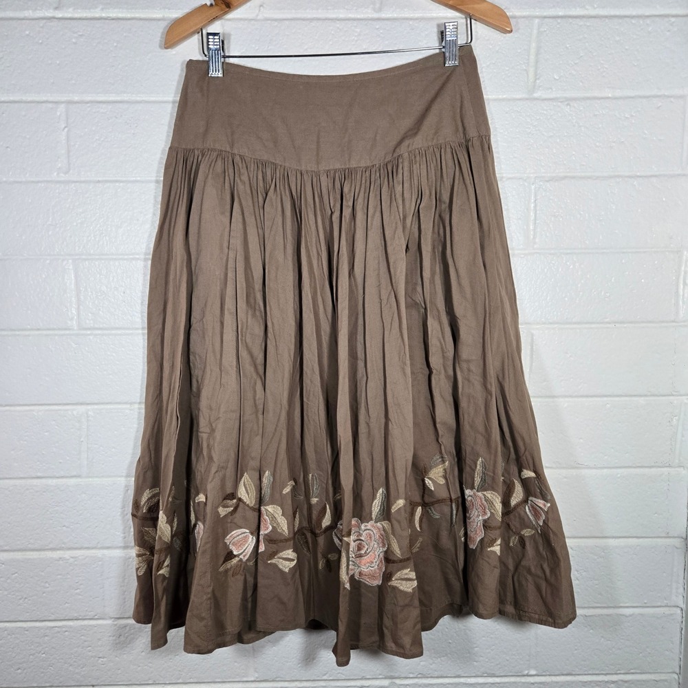 a.n.a Brown Floral Embroidered Cotton Midi Skirt 8P Petite Boho Cottagecore Soft